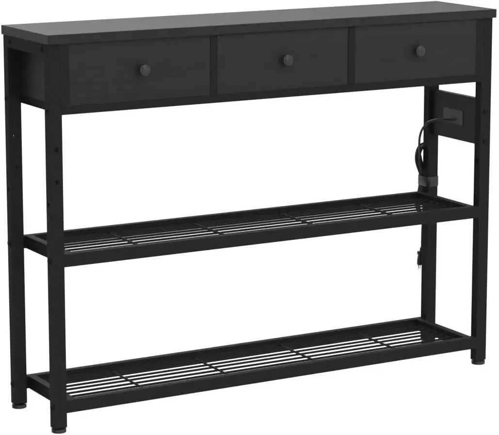 47'' Entryway Table with Outlets and USB Ports, Console Table with 3 Drawers, Sofa Table Narrow Long with Storage Shelves