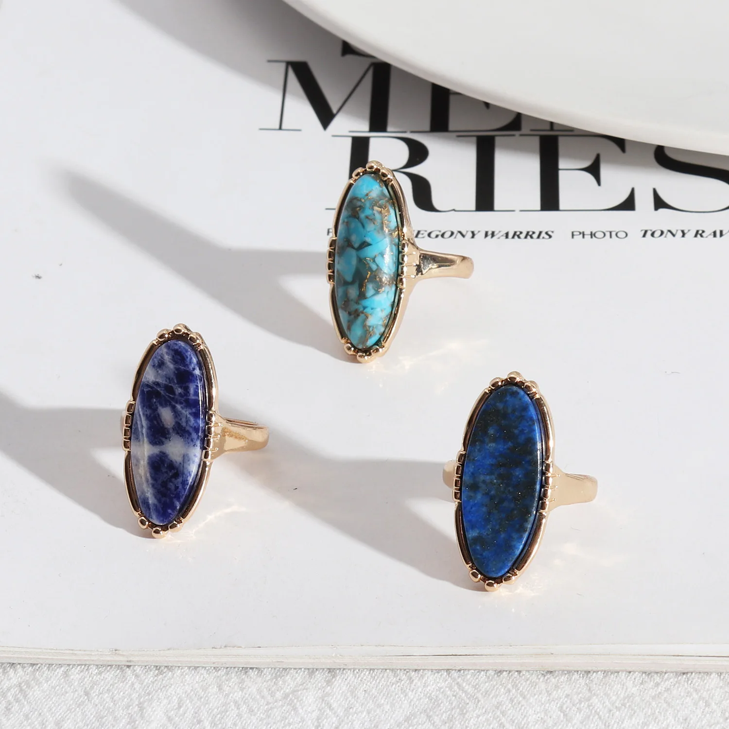 Gold Oval Turquoises Lapis Lazuli Blue Natural Stone Rings Fashion Inner Dia 1.7cm Gold Color Band Jewelry for Women