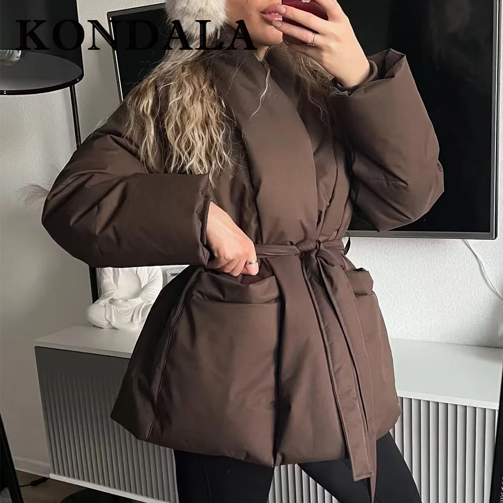 

KONDALA Vintage Brown 2025 Winter Streetwear Women Sashes Jacket Long Sleeve Pockets Coat Warm Thick Female Long Autumn Outwears