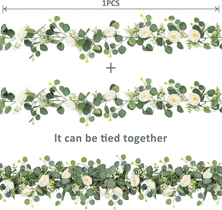 180cm Künstliche Eukalyptus-Girlande mit Weißen Blumen für Heim, Festival, Wanddekoration, Garten, Hochzeit, Hintergrund, Party-Dekor – Detail 10