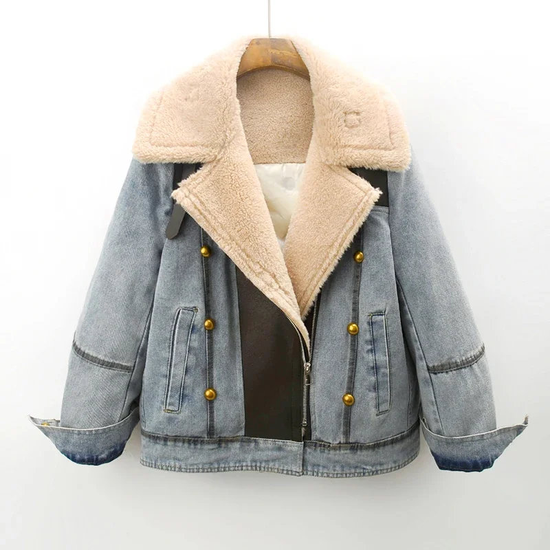 

Winter Thick Lambswool Turndown Collar Down Cotton Liner Denim Jacket Women Cowboy Outerwear Loose Zipper Jeans Jacket Female