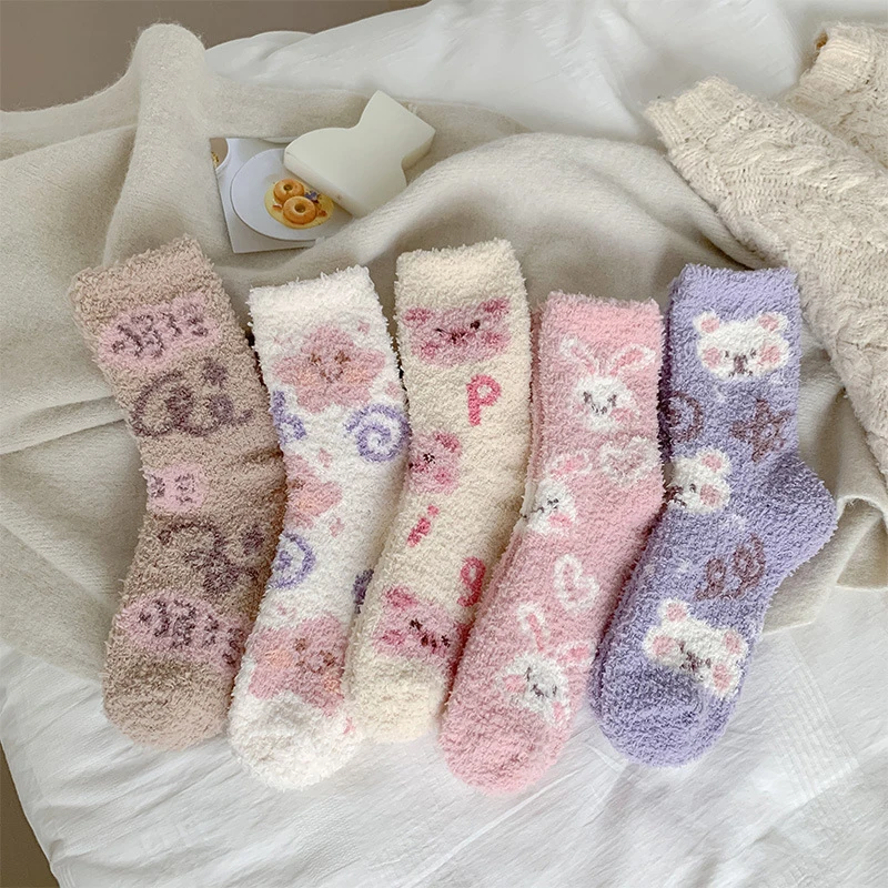 

Lovely Socks For Women Kawaii Thicken Coral Velvet Middle Tube Socks Sweet Girls Soft Warm Outwear Floor Wear Socks 1Pair