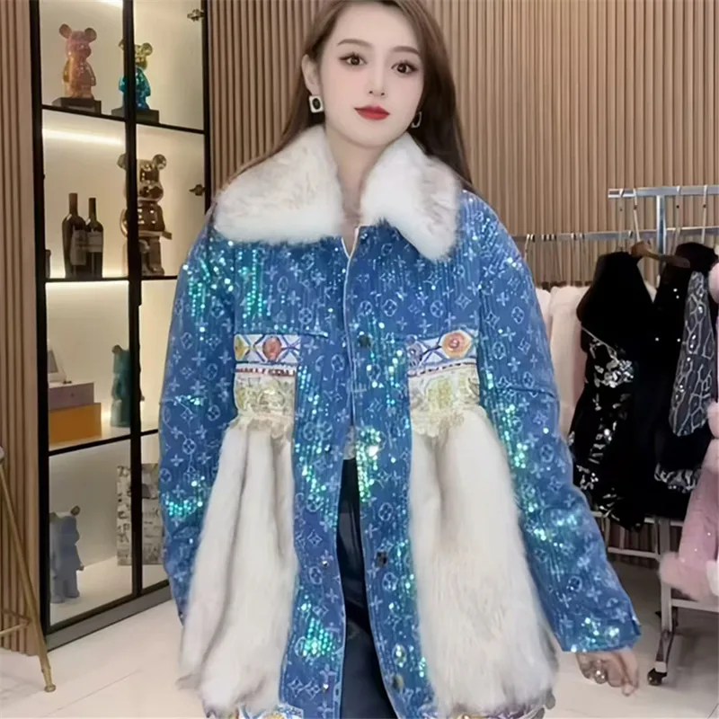 Faux Fur Coats for Women,Single Breasted Jacket, Thicken Warm Female Clothes,Turn-down Collar,Sequins,High Quality,Winter,New