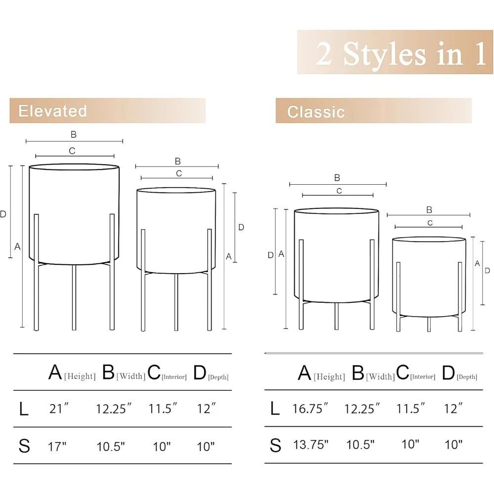 أوعية نباتات معدنية لمنتصف القرن مع حامل، مجموعة مزارعين زهور مزخرفة حديثة مع تصريف، ذهبي أبيض داخلي وخارجي #5