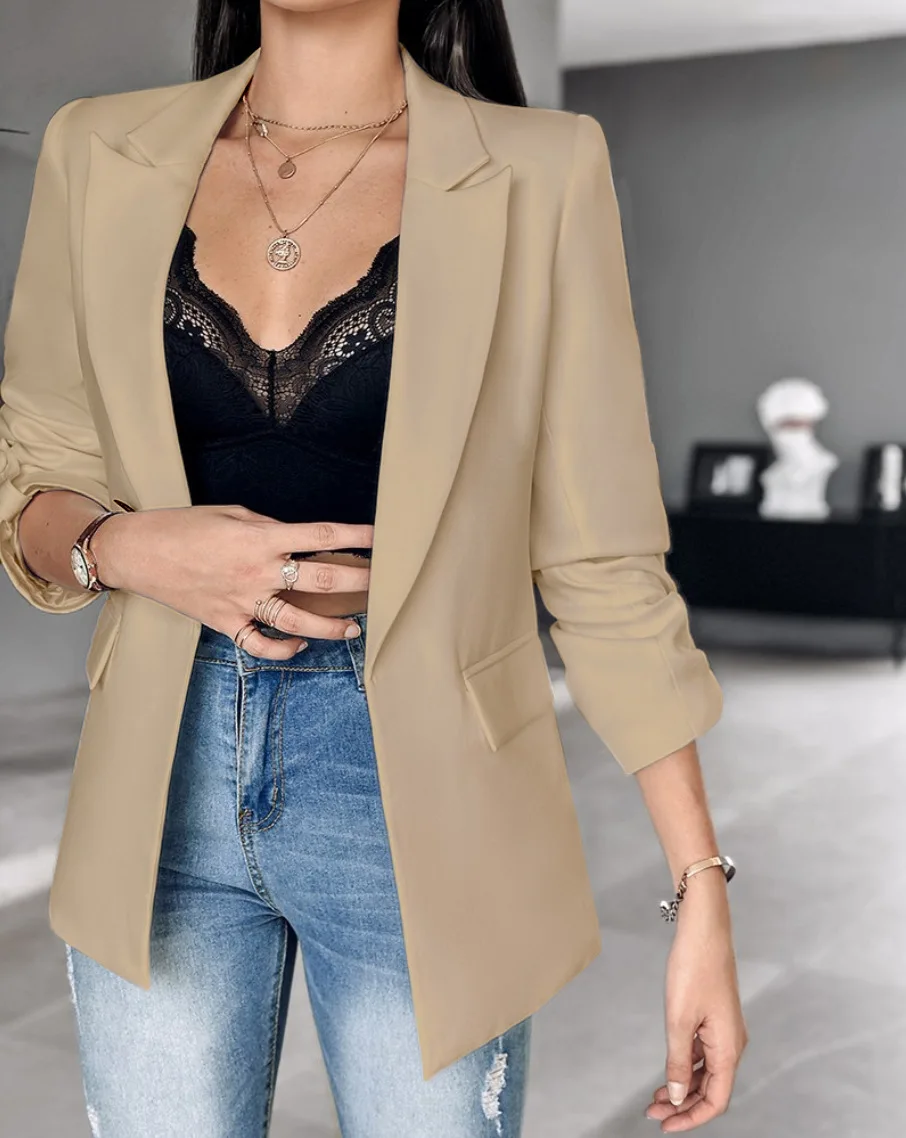 Womens Fall Lightweight Blazers Trendy Business Casual Open Front Cardigan Suit Slim Fit 3/4 Sleeve Lapel Work Jacket