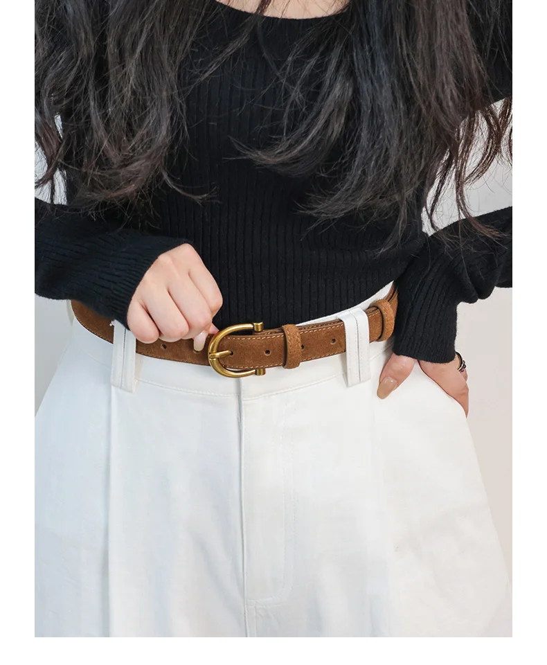 Fashion Suede Cowhide Women Belt Retro Gold Buckle Skinny  display picture 2