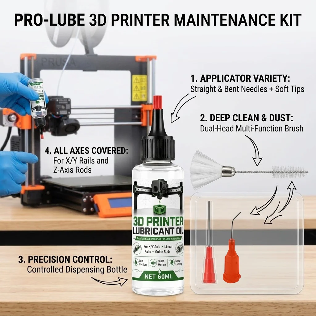 3D Printer Lubricant Oil Kit Precision Linear Rail Guide Rod Maintenance Set with Applicator Needles Brushes Accessories