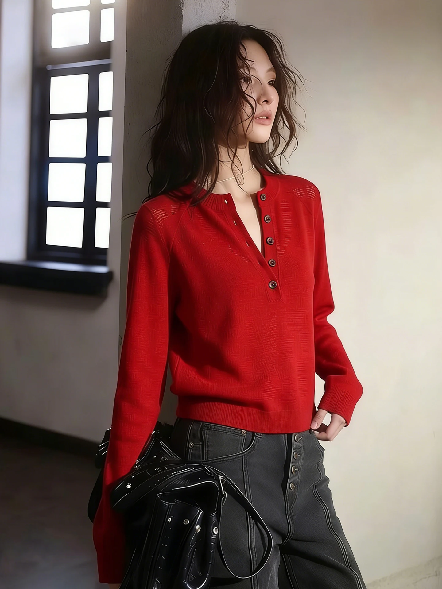 

Elegant Soft Lightweight Red Knitwear Summer Fashionable Long Sleeve Half Open Collar Women's Top Stylish Versatile Casual Wear