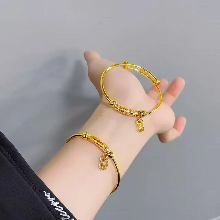 Luxury fashion 24K real goldCNC Xiangyun Safe Push-pull Bracelet 999 pure gold National style adjustable bracelet