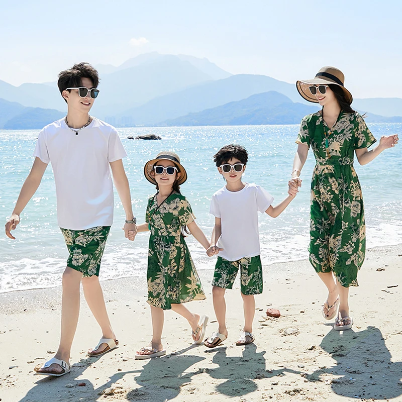 Summer Beach Family Matching Outfits Mum Daughter Dresses Holiday Seaside Dad Son Floral Shirts/T-shirt+Shorts Couple Clothes