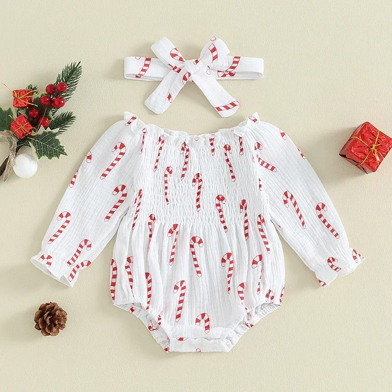 Baby Girl 2Pcs Christmas Outfits Off Shoulder Long Sleeve Smocked Bodysuit with Headband Set Infant Clothes