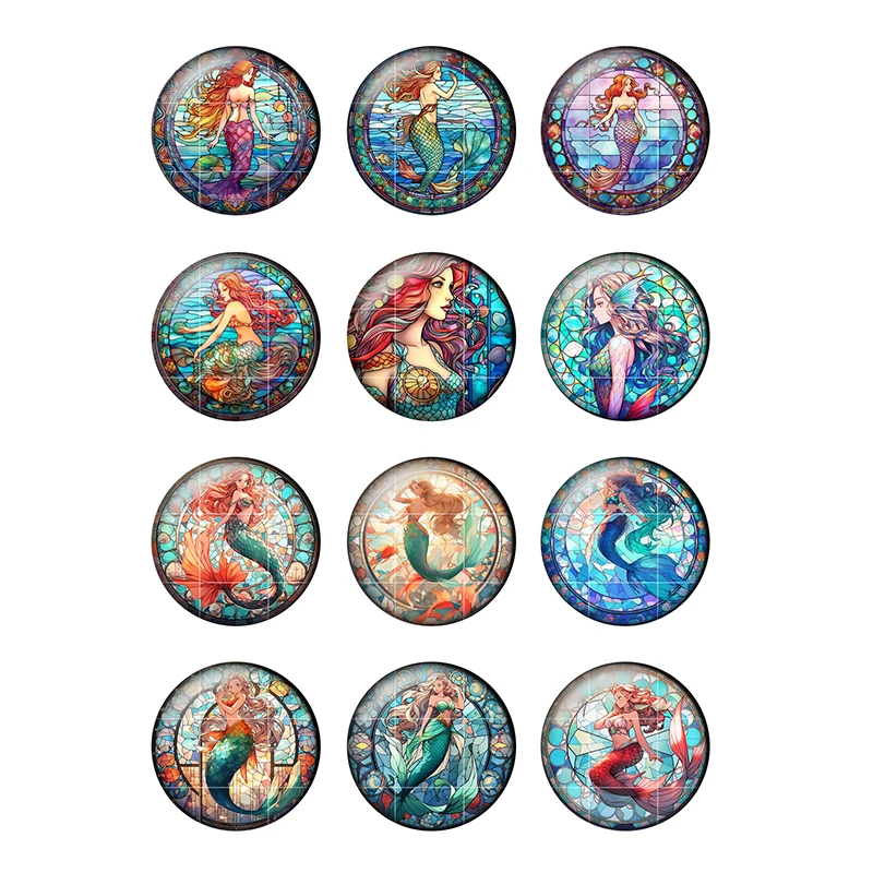 24pcs/lot Cartoon Mermaid Art Patterns 8mm To 25mm Round Photo Glass Cabochon Demo Flat Back Making Findings H336