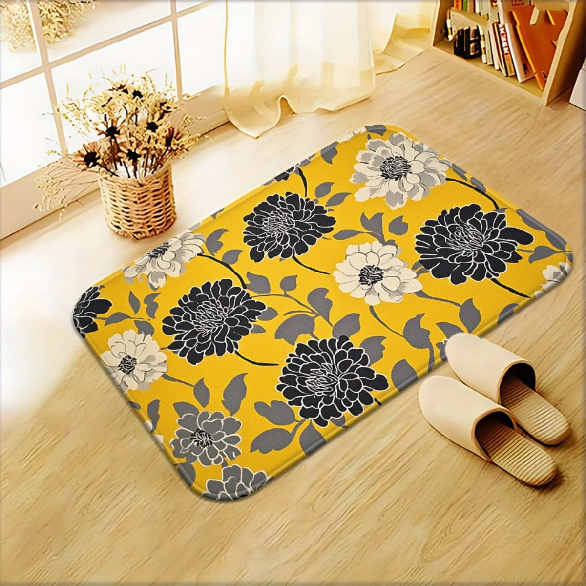 1pc Yellow floral patterned polyester doormat, machine washable, suitable for bedroom and living room entrances.