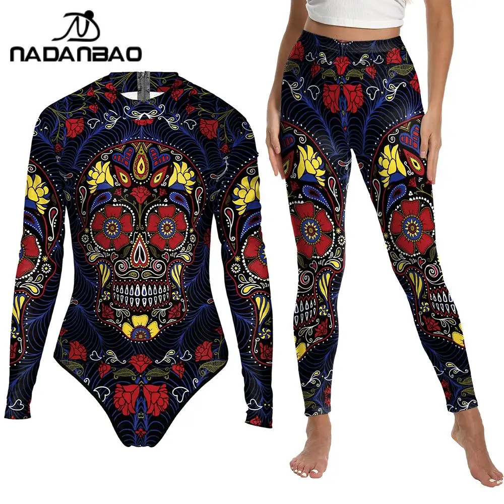 Nadanbao 2 pçs feminino floral crânio bodysuit leggings conjunto estilo étnico cosplay maiô calças dia dos mortos festa calças terno
