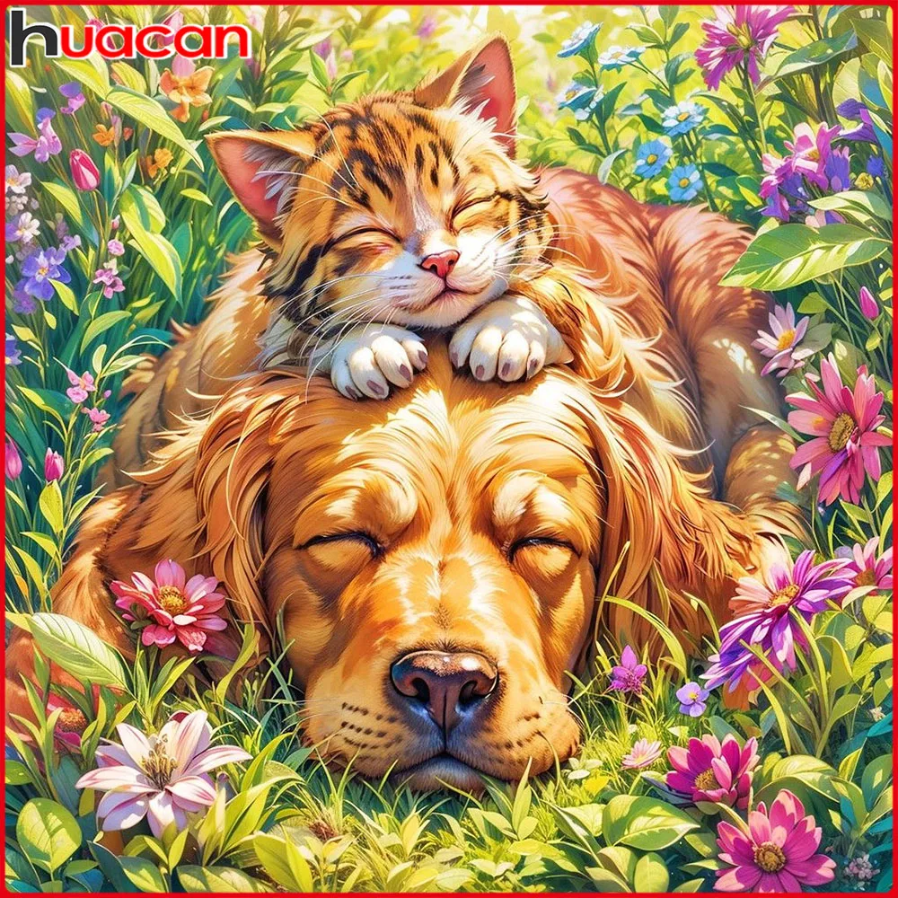 Huacan 5D DIY Diamantmalerei Hund Katze Diamant-Mosaik Tier Blume Neue Kollektion Dekorative Gemälde