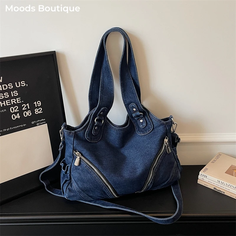 

Denim Blue Designer Shoulder Tote Bags For Women Multi Pockets Large Capacity Shopper Totes High Quality Commuter Cross Body Bag