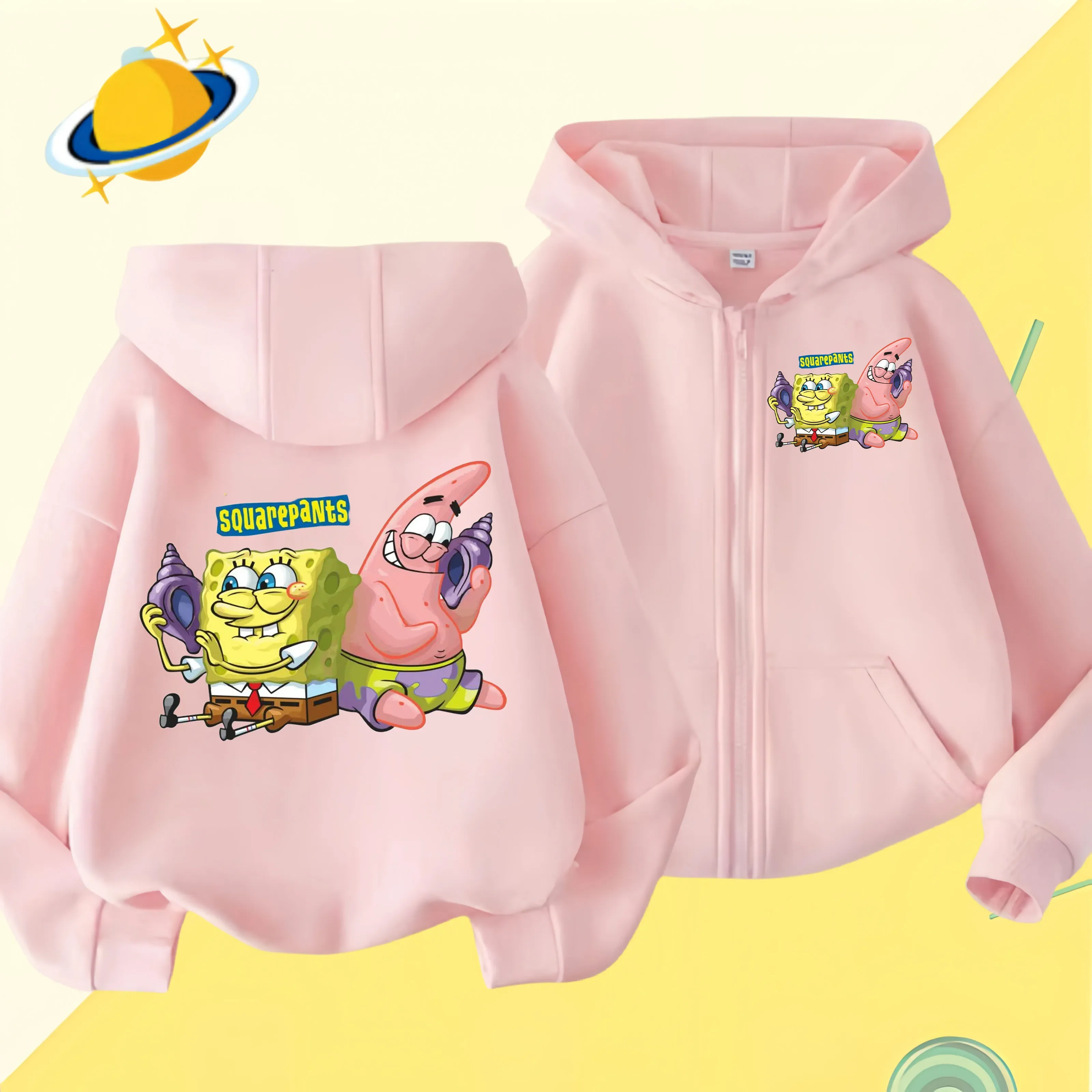 Spongebob Squarepants Zipper hoodie Cartoon Family Sweater for Autumn and Winter Thin or Fleeced Long-Sleeved Hooded Sweatshirt