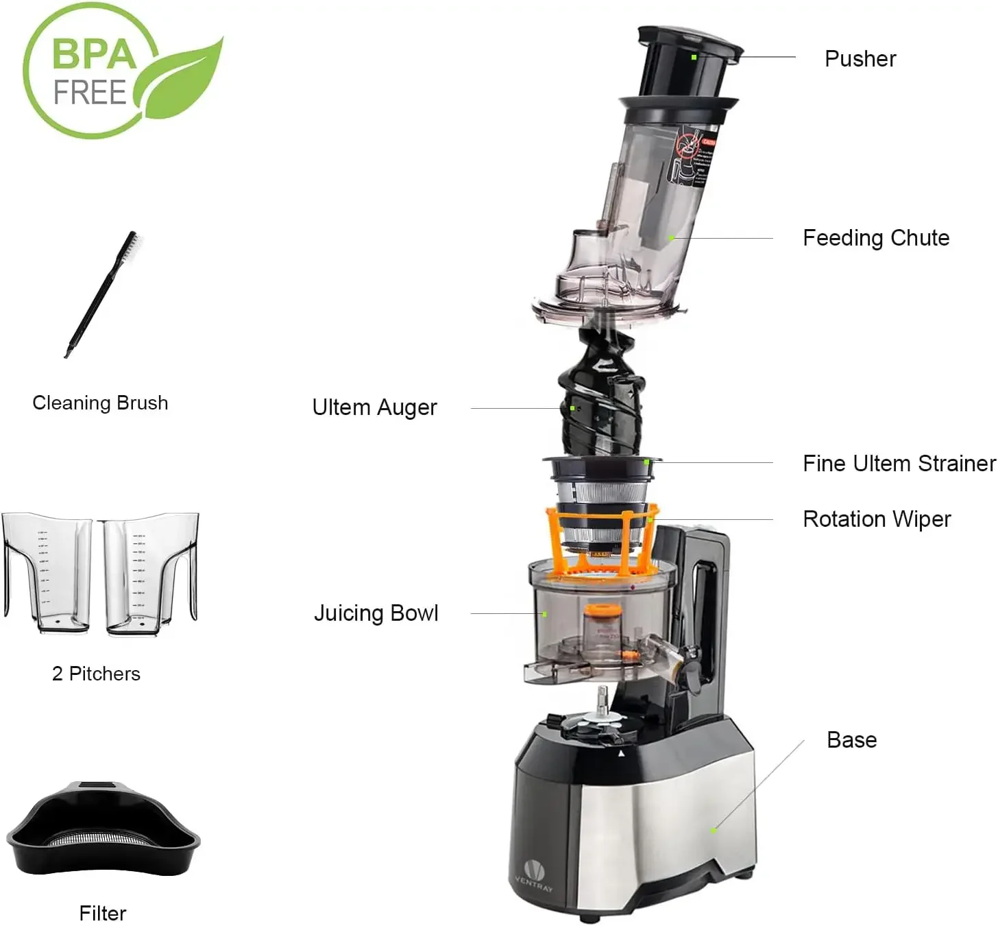 Press Juicer, Slow Juicer Machines for Whole Fruits and Vegetables with 3-inch Large Feed Chute, 240w Slow Masticating Juicer wi