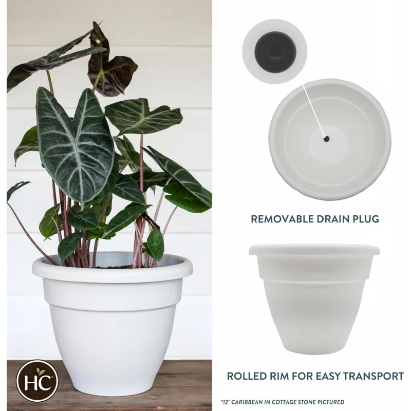 HC Companies 20 Inch Caribbean Planter - Lightweight Indoor Outdoor Plastic Plant Pot for Herbs and Flowers, White