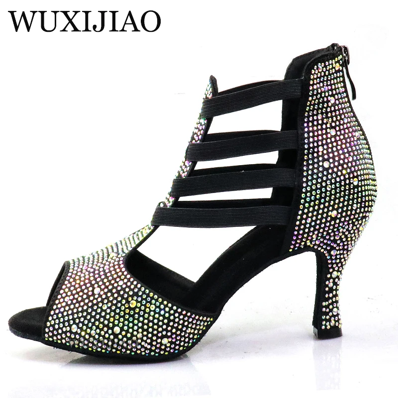 Zapatos latinos de diamantes de imitación de alta gama para mujer, suelas suaves profesionales de interior, cordones de baile de alta gama, zapatos de baile de tacón alto de diamante