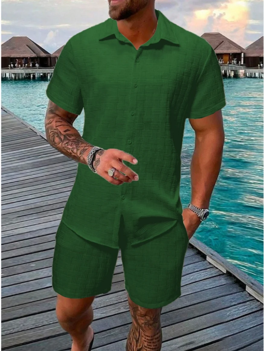 2025 summer jacquard check texture solid color suit short sleeve men's fashion comfortable holiday beach style shirt shorts two-