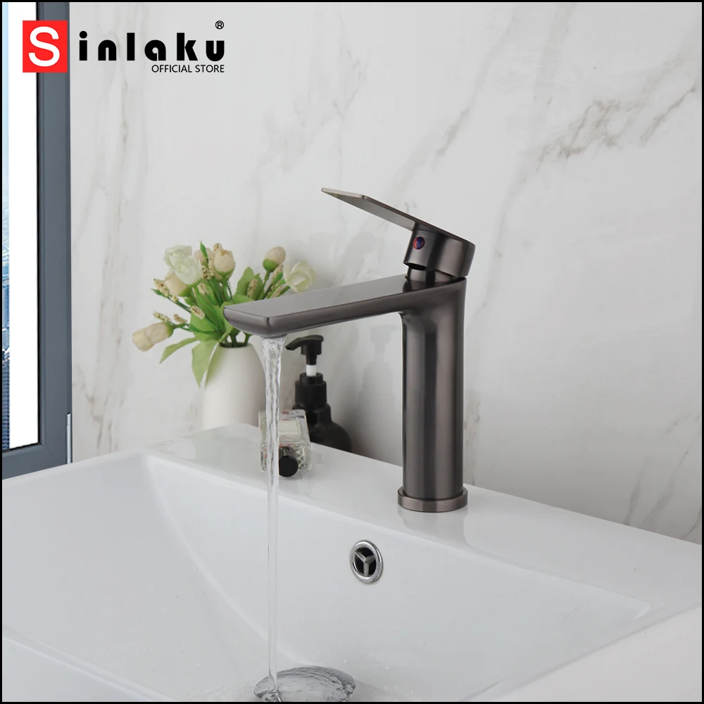 

SINLAKU Deck Mounted Bathroom Basin Faucet Gun Grey With Tall And Short Stream Single Handle Control Hot & Cold Water Mixer Taps