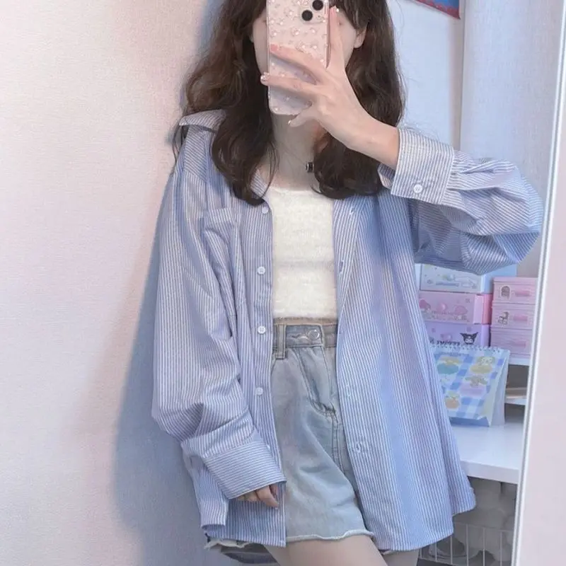 

Spring Buttons Single Breasted Casual Korean Fashion Loose Striped Long Sleeve Elegant Dignified Intellectual Generous Sven