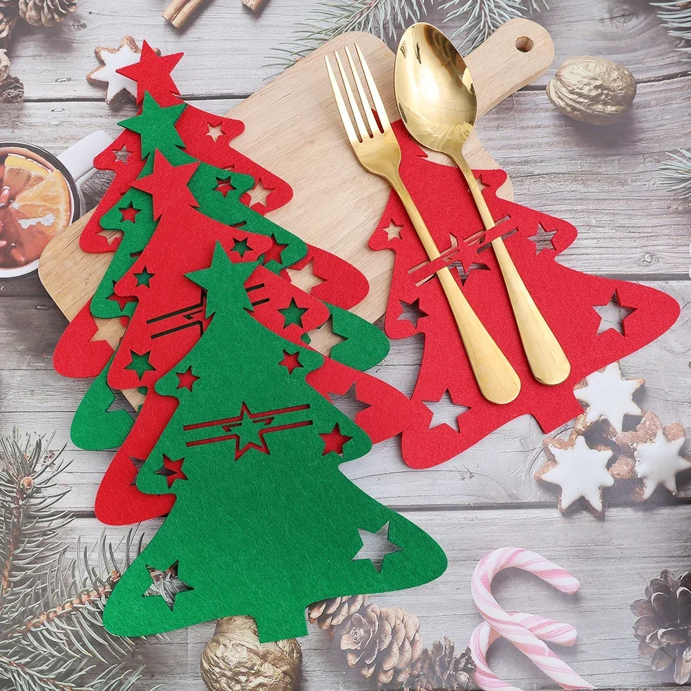 Christmas Flatware Holder Xmas Tree Shaped Cutlery Pockets Knife Fork Covers Xmas Holiday Themes Party Dinner Table Decorations