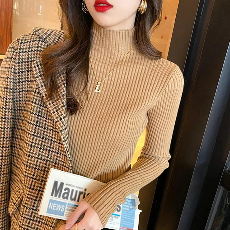 Epligg Women Turtlneck Sweater Long Sleeve Casual Slim Pullover Fashion Simple Chic Clothes Elegant Solid Basic Knitted Tops