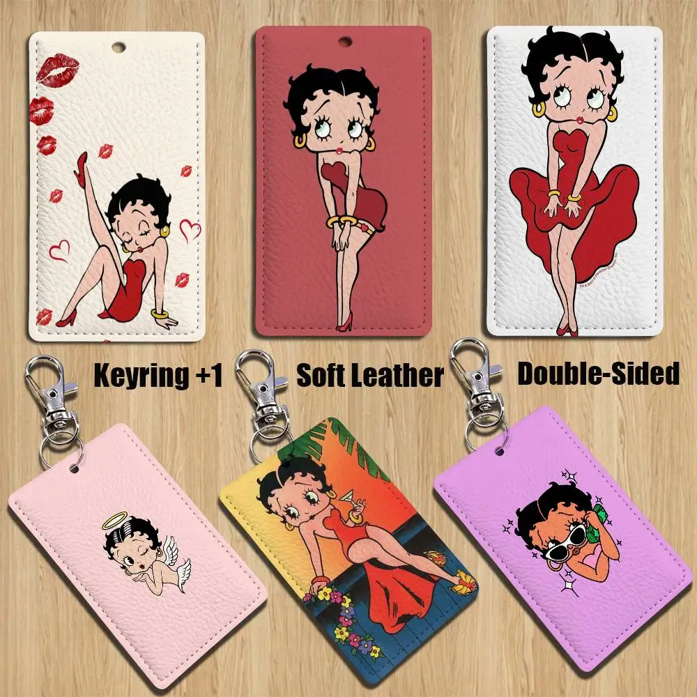 

B-Betty Boop B-BIMBO Girl Rectangle ID Card Case Keychain Access Card Bag Key Tag Ring Leather Card Holder Key Ring Access
