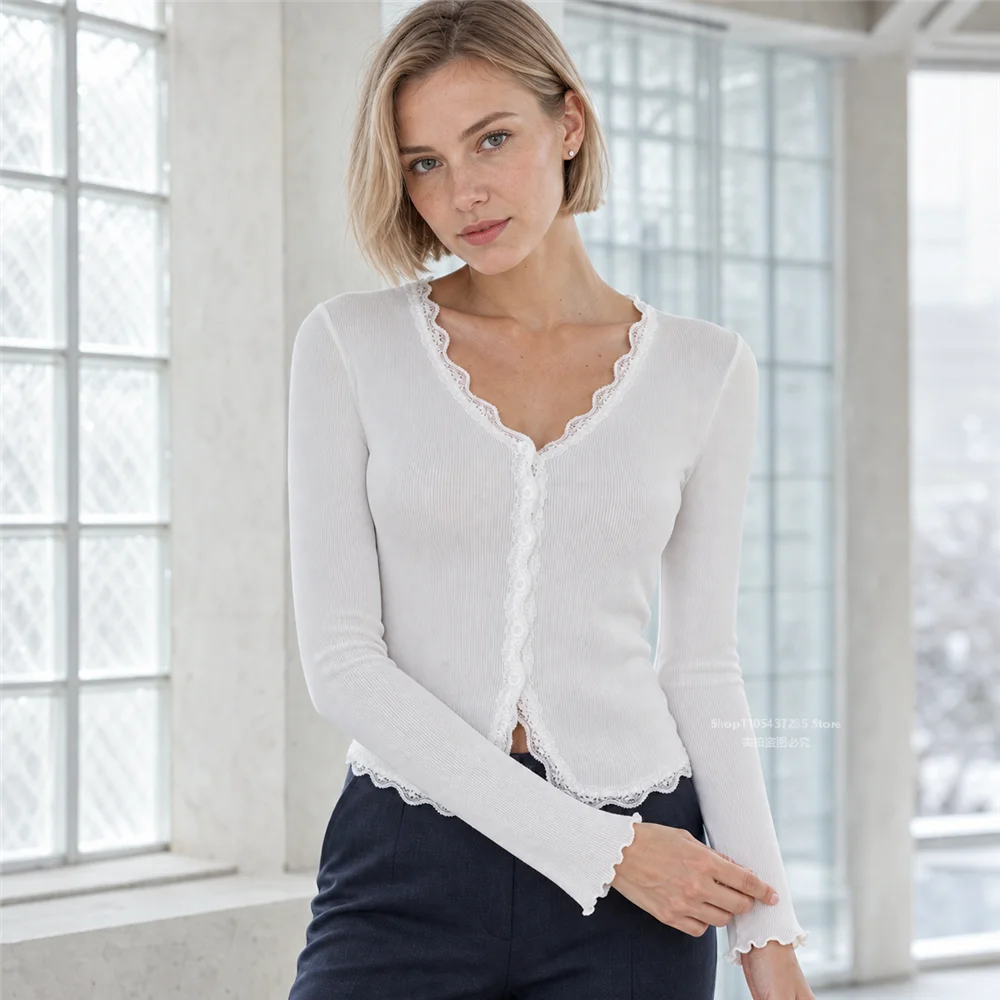Slim Knit Women Top V Neck Long Sleeve Tops Summer Elegant Tees Spring Autumn Casual Streetwear Vacation Daily T Shirts view 2