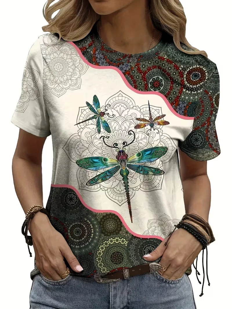 

2026 New Women's 3D Digital Dragonfly Printed Round Neck T-shirt for Spring and Summer Short Sleeved Casual Top Women's Clothing