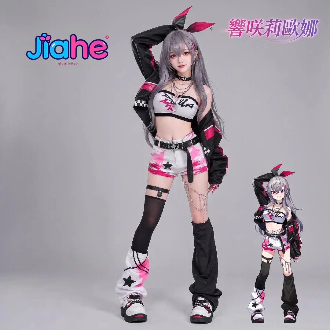 Isaki Riona Nijisanji Hololive FLOW GLOW Cosplay Costume New Outfit New women leather jacket shorts headwear Halloween sweet set view 2