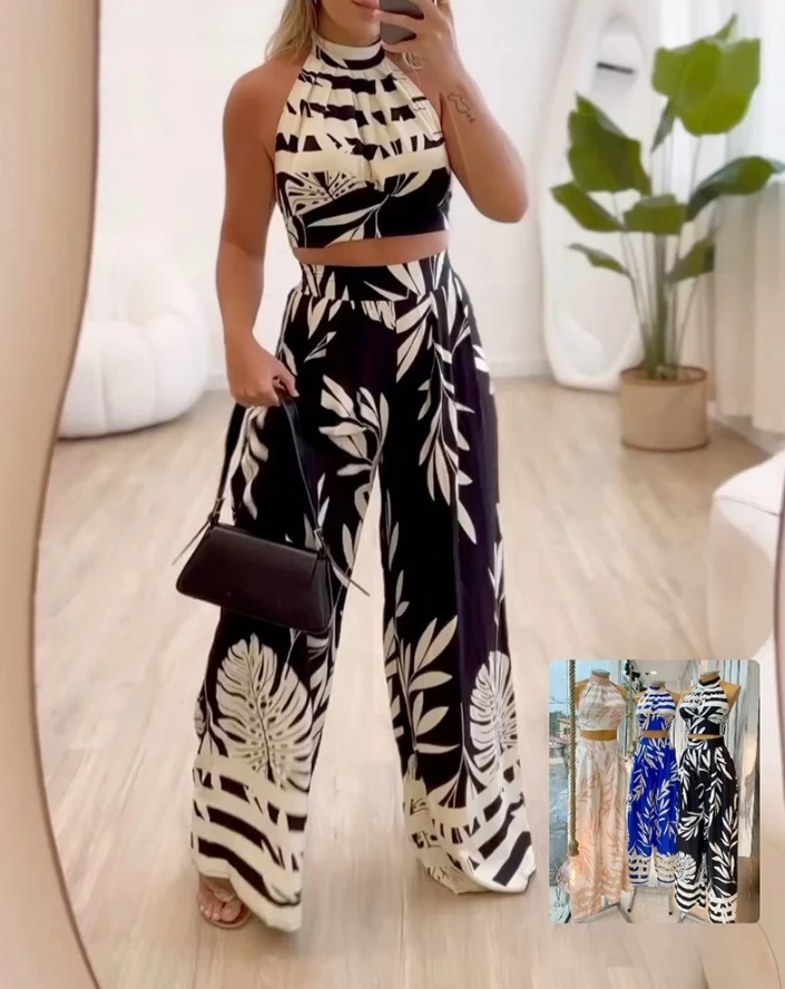 Women Style Set 2024 Spring/summer Latest Casual Halter Tropical Striped Sleeveless Crop Top&wide Leg Daily Pants Versatile Set