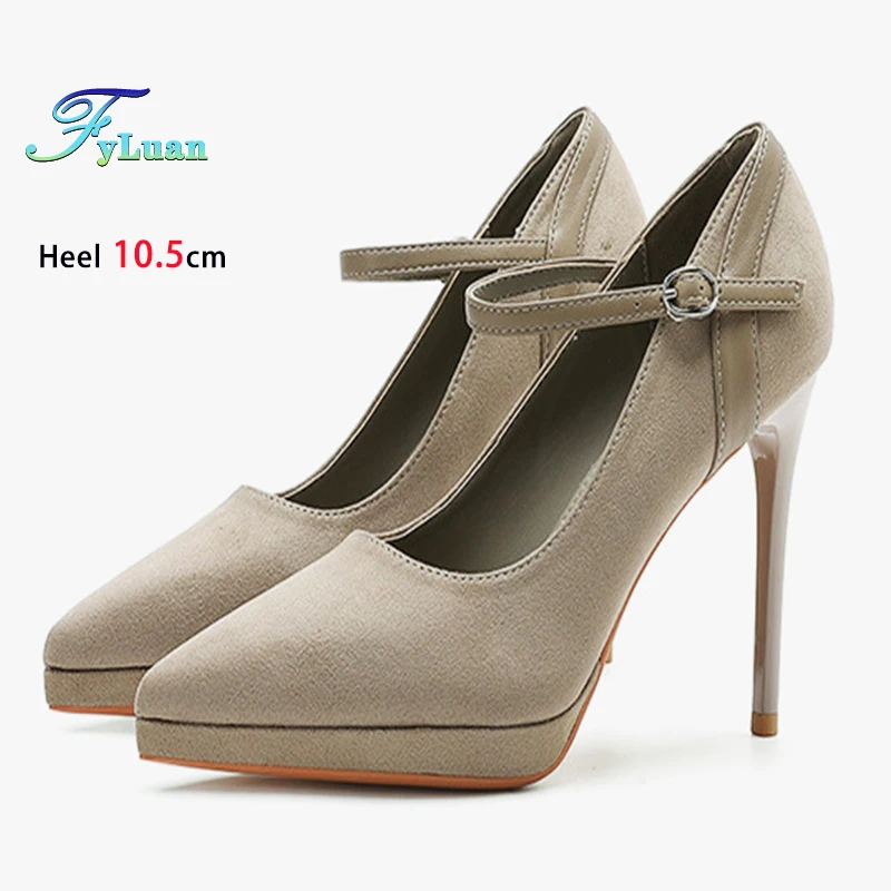 

Элегантные женские туфли на высоком каблуке 10,5 см, модные туфли на шпильке с острым носком и пряжкой на ремешке, новинка 2025 года, женские замшевые туфли-лодочки для банкета и вечеринки