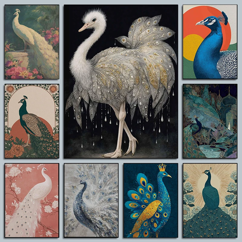 (1pc frameless)Fantasy Royal Peacock Posters Elegant Bird Ostrich Feather Modern Prints Canvas Painting Wall Art Picture Home