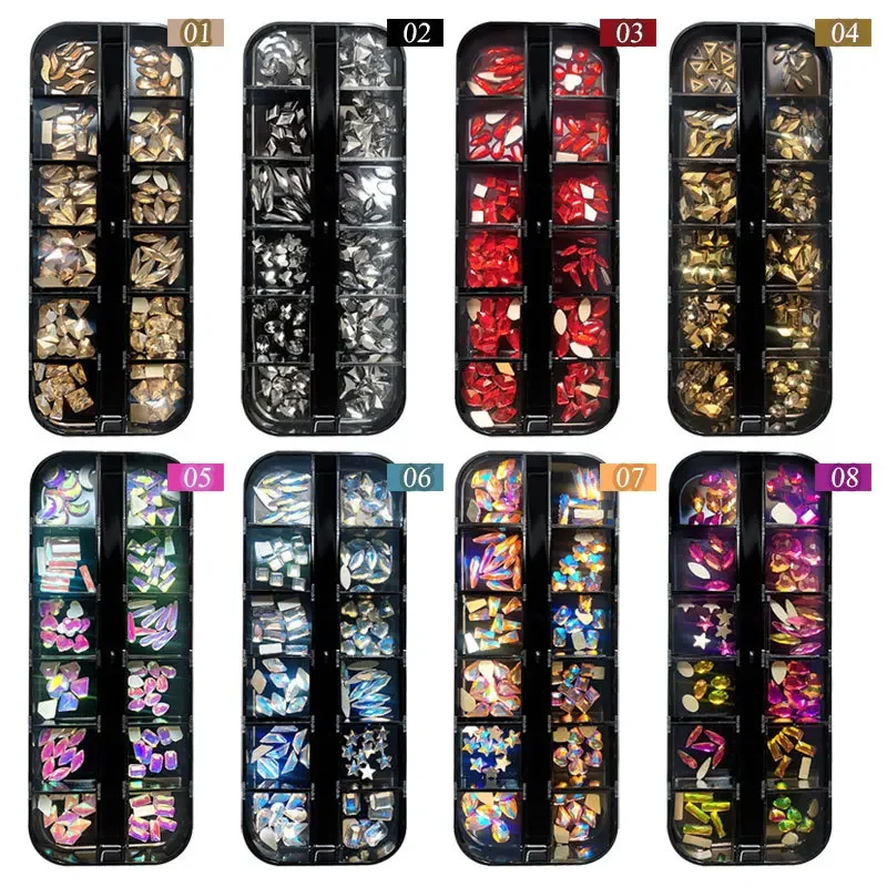 Mélange de biscuits cristal 3D pour nail art, 12 grilles, paillettes, diamant, décoration des ongles, accessoires de manucure DIY