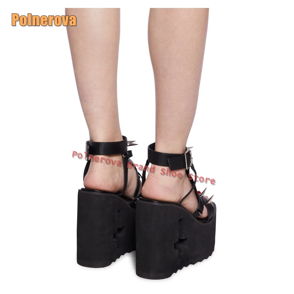 Black Rivet Spikes Cut Out Women‘S Sandals Open Toe Wedges Belt Buckle Cross Tied Sexy Runway Show Party Shoes 2025 Summer Trend