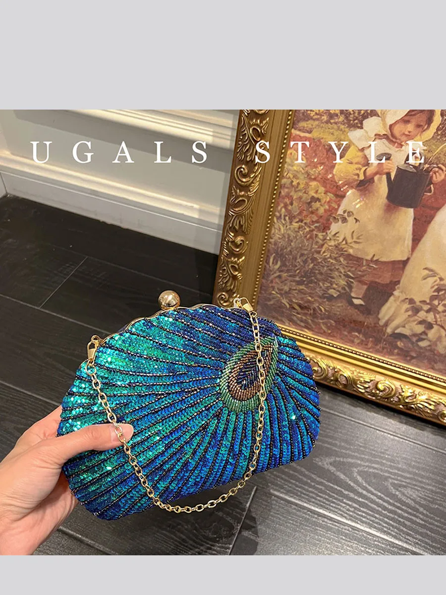 

UGALS Chinese Style Shiny Sequin Peacock Bead Embroidery Box Handbag Clutch Shoulder Crossbody Bag for Party