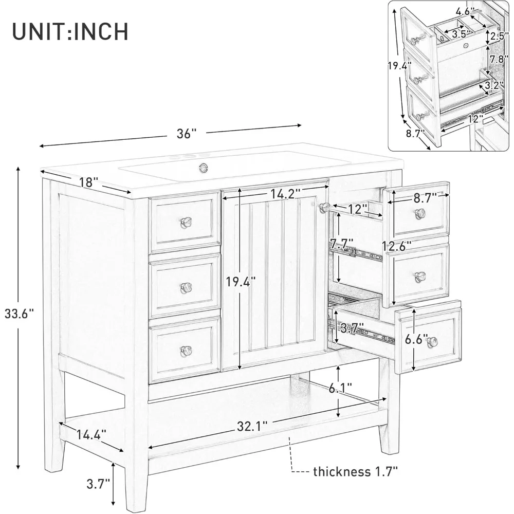 حمام فردي مقاس 36 بوصة مع حوض وخزانة و3 أدراج، مصنوع من الخشب الصلب وMDF
