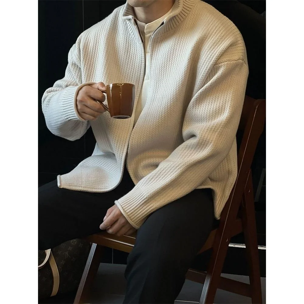 

Casual Knitted Cardigan Jaet Men's Spring Autumn Pure Color Stand Collar Zipper Coat Vintage Sweater Soft Polyester Fiber