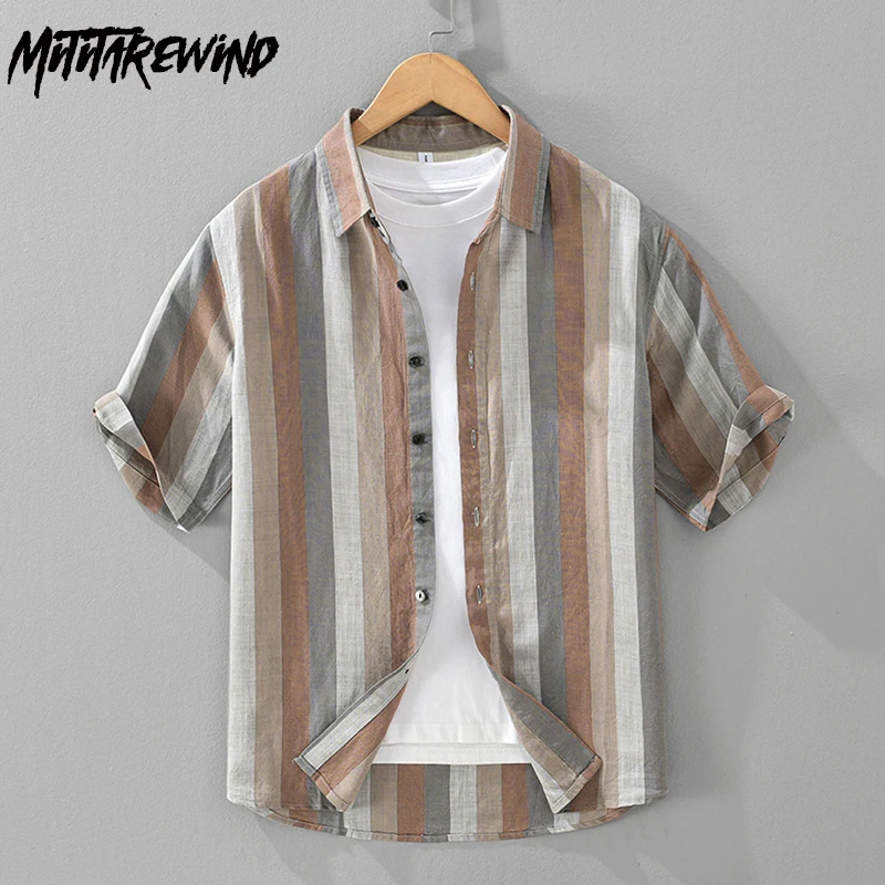

Japan Retro Yarn-dyed Linen Shirt Men Beach New Summer Tops for Men Contrast Color Striped Short Sleeve Shirt Breathable Clothes