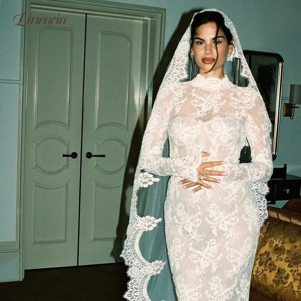 Lorencia Long Sleeves Lace Mermaid Wedding Dresses High Neck Open Back Fitted Bridal Gowns Customized Trumpet Bride Dresses