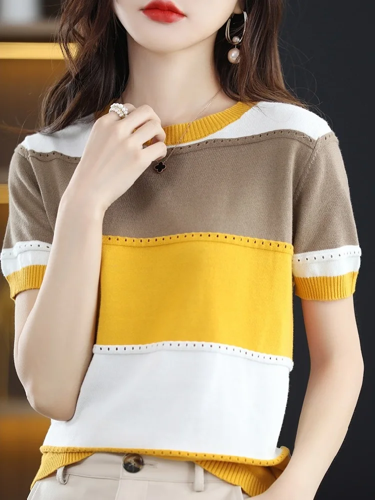 TuangBiang 2023 Eyelet Biue Pink Striped Cotton Knitting T-Shirts Hollow Out Women Short Sleeve Pullovers Elastic Patchwork Tops