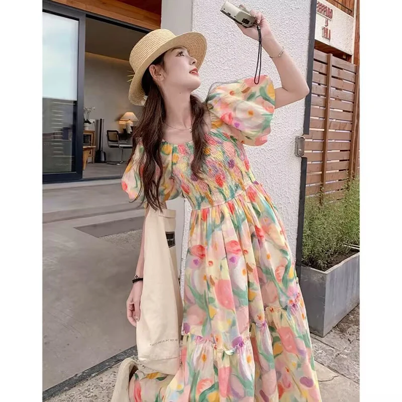 Vestido floral chique com estampa a-line feminino, um ombro, elegante, babados, feriado, roupa coreana, nova moda, C463