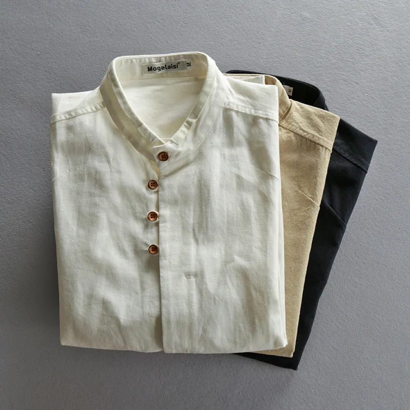 Men Spring Autumn Japan Vintage Style Cotton Linen Shirts Stand Collar Slim Fit Single Breasted Simple Design Soft Casual Shirt