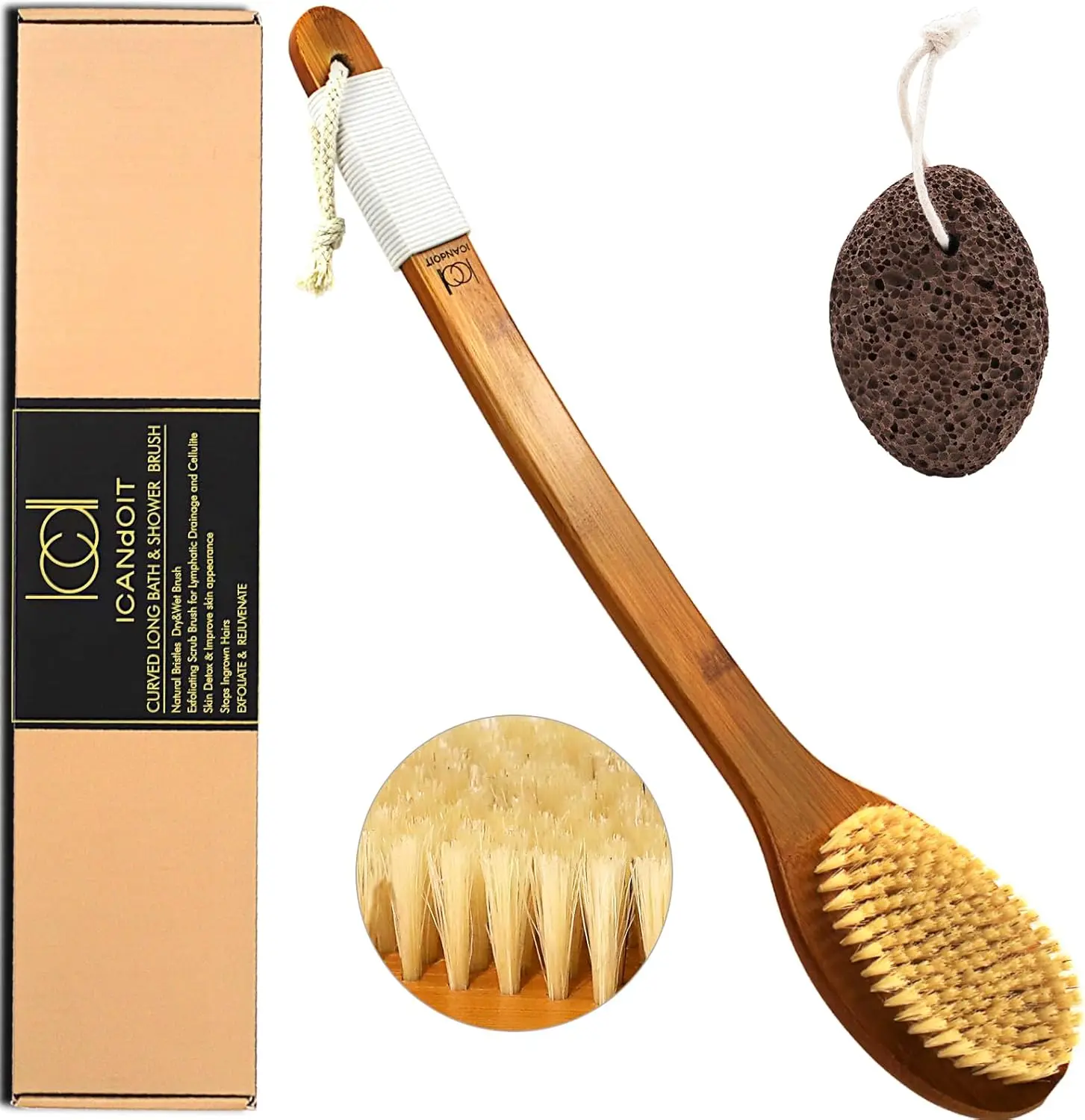 

17.71 Inch Natural Boar Bristle Bath Brush with Bent Handle, Exfoliating Shower Scrubber and Pumice Stone for Smooth Skin