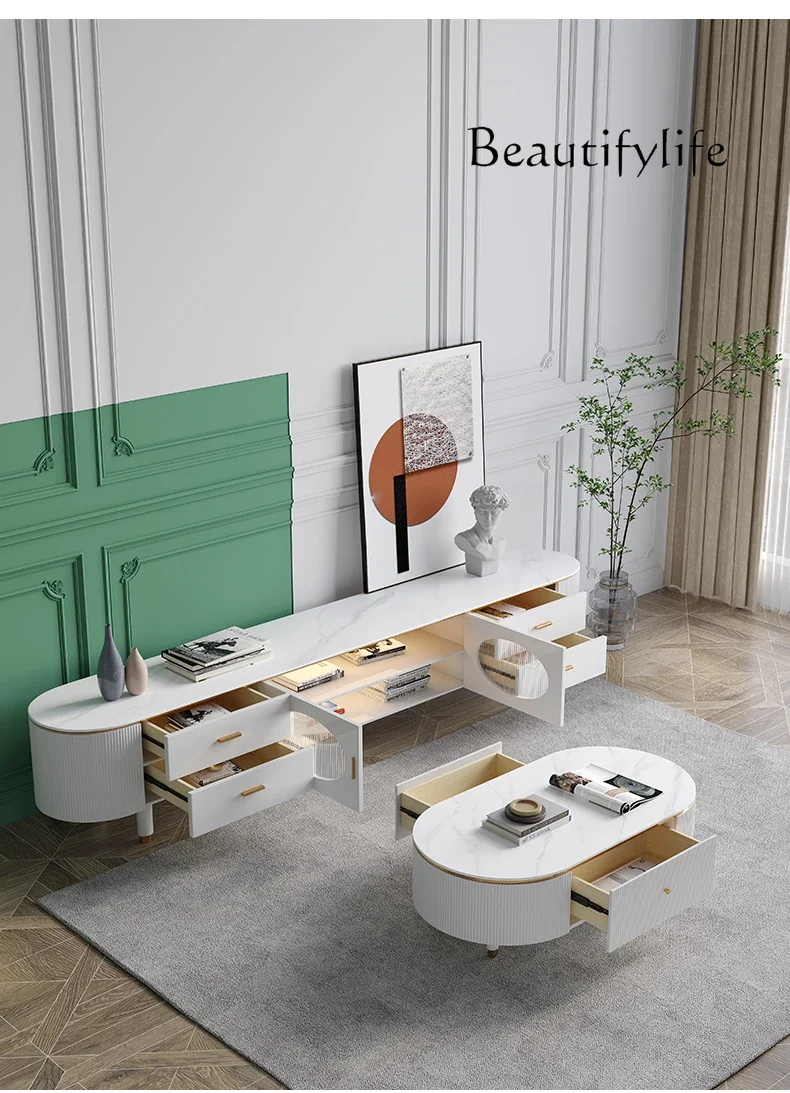 

home furniture all items Bright Stone Plate TV Cabinet and Tea Table Combination Living Room High-End Paint Storage Floor Cabine