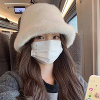 Y2k Fluffy Warm Thick Plush Bucket Hats Women Rabbit Fur Warm Faux Fur Winter Hat Grils Ins Fashion Furry Panama Fisherman Cap