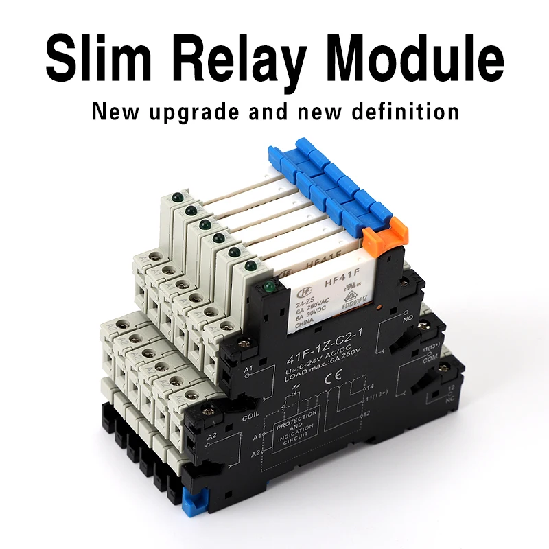 Din Rail Slanke Relaismodule 41f-1z-c2-1 Geïntegreerde Pcb-Bevestiging Met Relaishouder 12Vacdc 24Vacdc Relaisaansluiting 6.2Mm